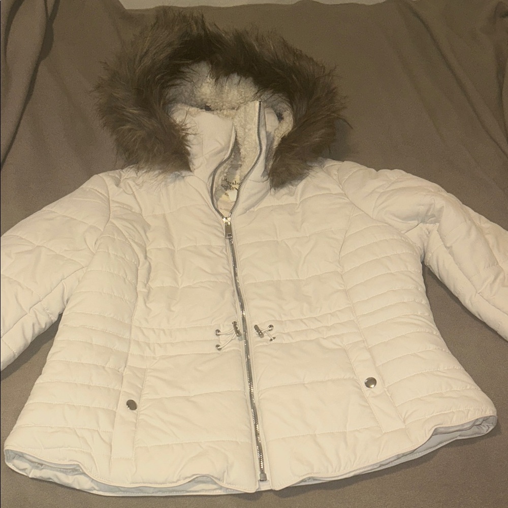 Maralyn & Me White Puffer Jacket with Faux Fur Hood